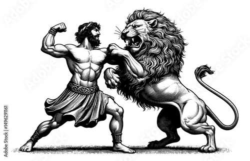 Heroic Man Fighting with a Lion in Detailed Black and White Vintage Engraving Illustration Style