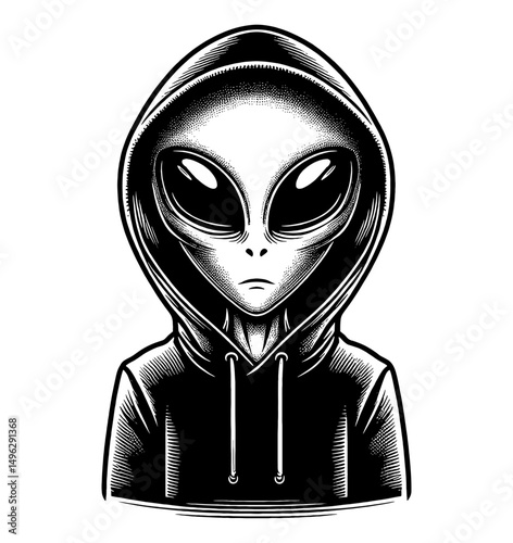 Alien in Hoodie with Detailed Engraving Style, Black and White Vector Art Illustration