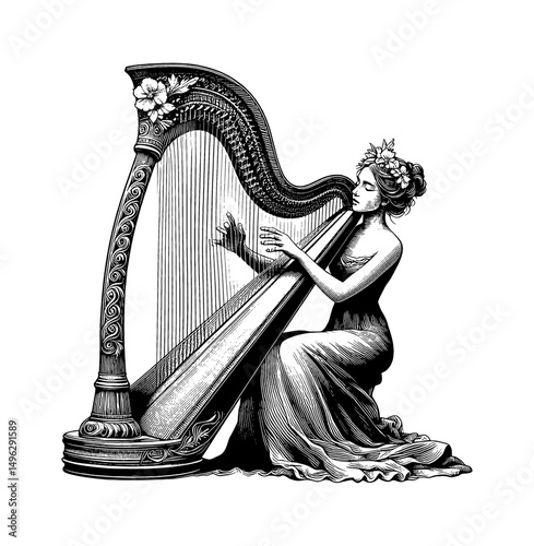 Elegant Woman Playing Harp in Detailed Black and White Engraving Style Illustration