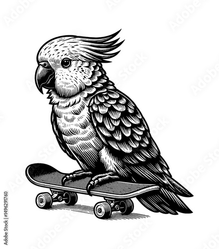 Engraved Parrot Riding Skateboard, Black and White Detailed Line Art Illustration