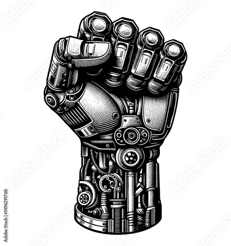 Mechanical Fist Clenched with Detailed Black and White Engraving Style Art