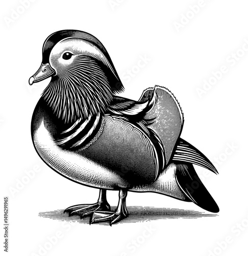 Detailed Engraving Style Illustration of Mandarin Duck Standing Still, Black and White Vector Image