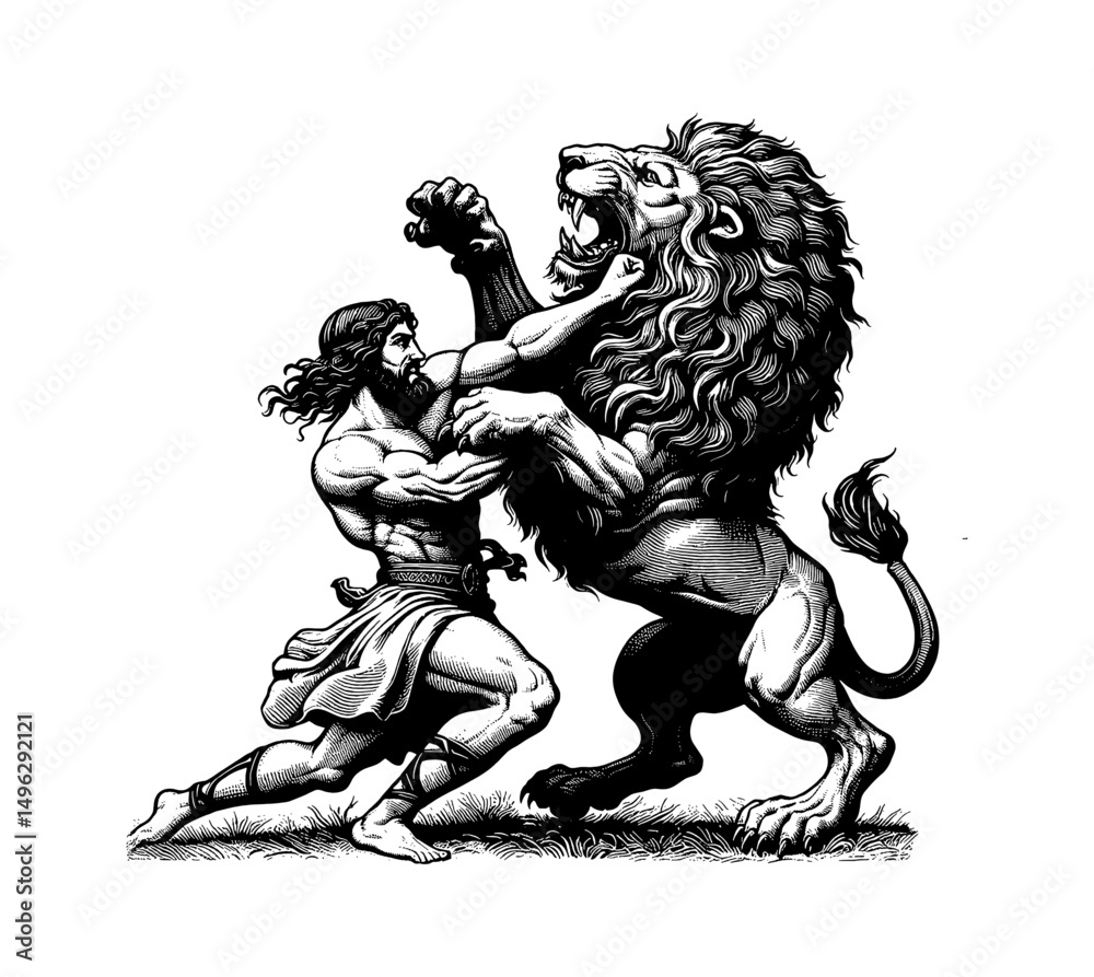 Obraz premium Man Wrestles Lion in Engraving Style Illustration, Black and White Detailed Ancient Battle Scene