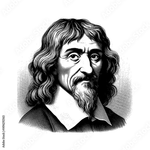 Engraved Portrait of a Man with Long Hair and Beard Wearing a Collar, Black and White