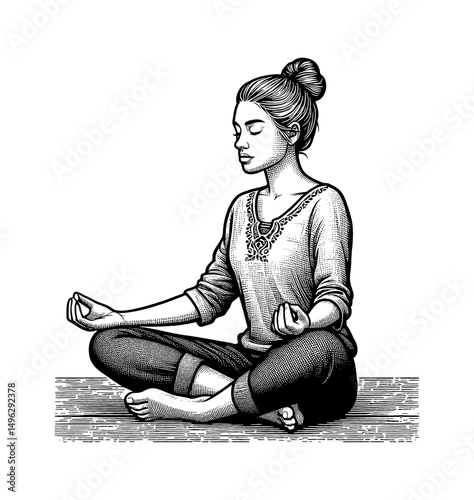 Asian Woman Meditating in Lotus Position with Eyes Closed Engrave Style Illustration Art