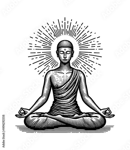 Buddha Meditating in Lotus Position with Halo in Engraved Black and White Style Illustration
