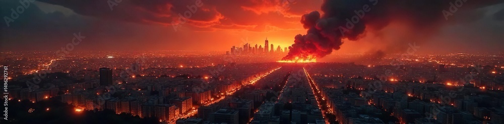 Obraz premium A dramatic, wide shot of a city skyline engulfed in flames during a nighttime revolution, highlighting the chaos and destruction , darkness, liberty, riot
