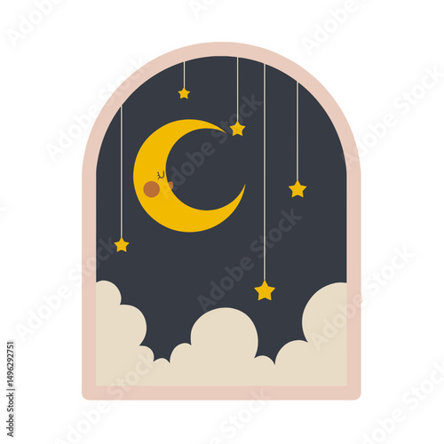 Night sky window with moons and stars. Vector art