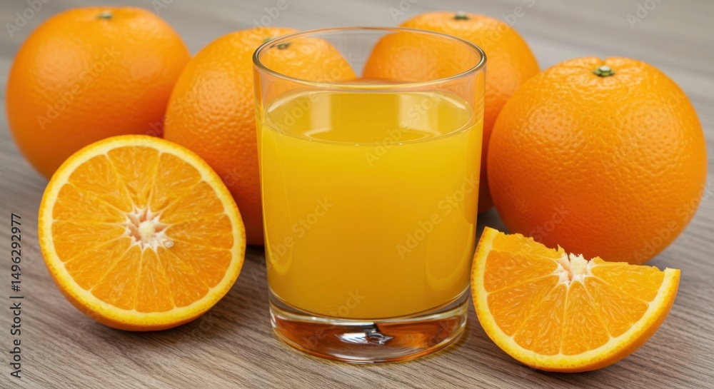 Glass of orange juice with oranges and orange slices Glass of orange juice with oranges and orange slices