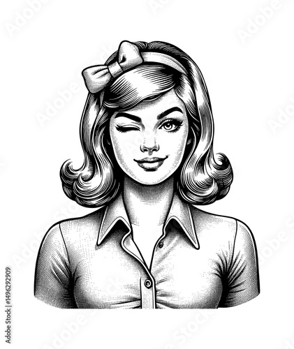 Engraved Portrait of a Smiling Caucasian Woman with a Wink and Bow Headband
