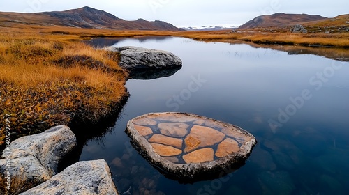 Arctic Tundra Landscape With Still Lake and Low Vegetation photo