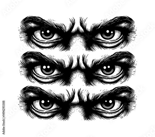Set of Three Pairs of Engraved Eyes with Intensely Focused Expressions in Black and White