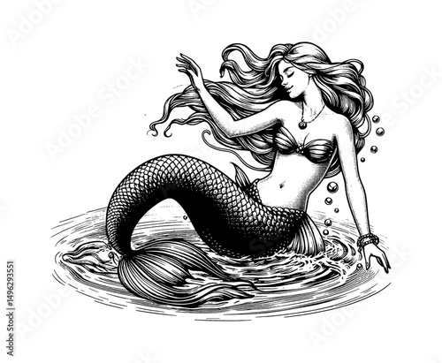 Elegant Mermaid with Flowing Hair Sitting in Water, Black and White Detailed Vintage Line Art