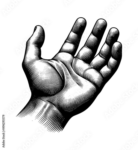 Detailed Woodcut Style Illustration of an Open Hand Reaching Outward on White Background