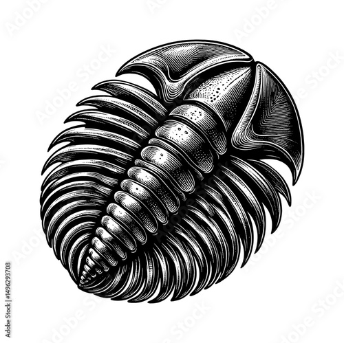 Detailed Engraving Style Illustration of a Trilobite Fossil on White Background