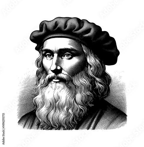 Engraved Portrait of Man with Beard in Hat. Vintage Artwork Black and White