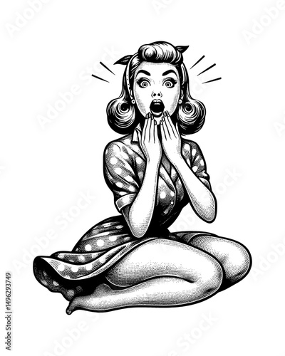 Retro Pin-Up Girl Sitting in Shock, Hands to Face, Engraving Style, Black and White