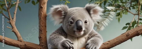 Playful koala infant clinging to branch, continuous vector design , wildlife, marsupial, print photo