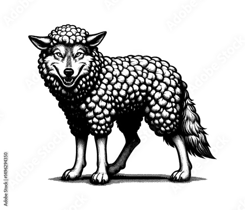 Wolf in Sheep's Clothing Smiling in Black and White Detailed Engraving Illustration