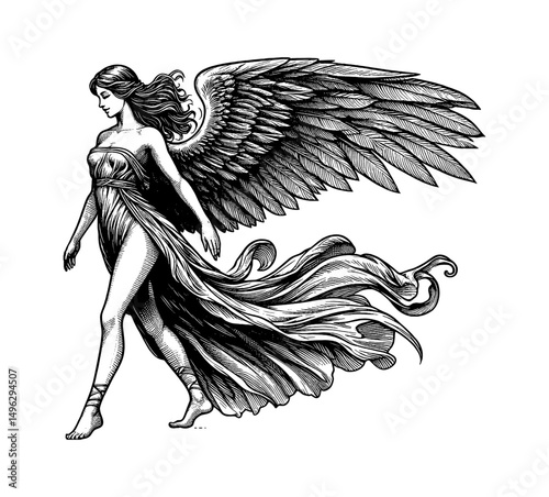 Elegant Angel Walking with Graceful Wings and Flowing Gown in Detailed Black and White Engraving