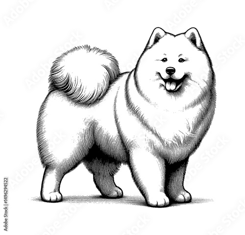 Chow Chow Dog Standing and Smiling with Happy Expression in Detailed Black and White Line Art