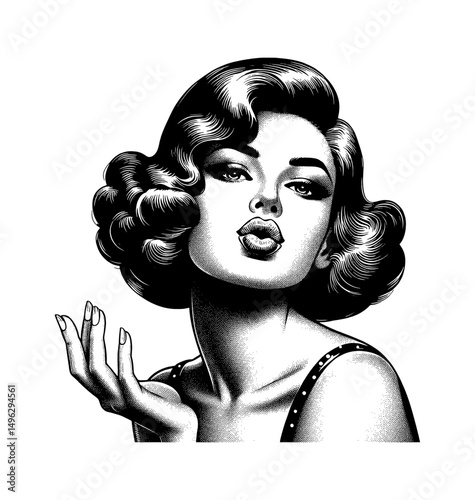 Elegant Woman Blowing Kiss, Black and White Vintage Style Illustration, Classic Beauty Portrait
