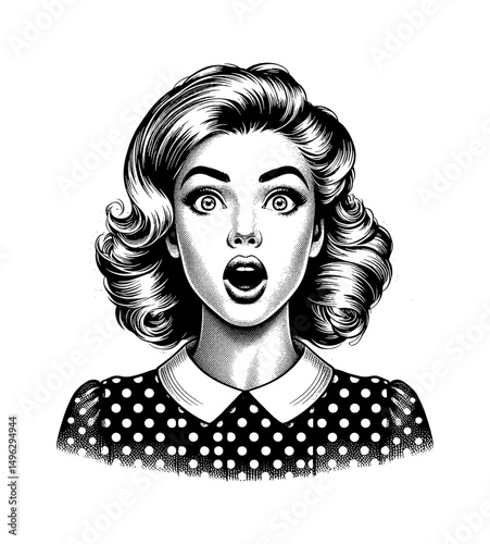 Surprised woman in polka dot dress with open mouth in engraving style illustration