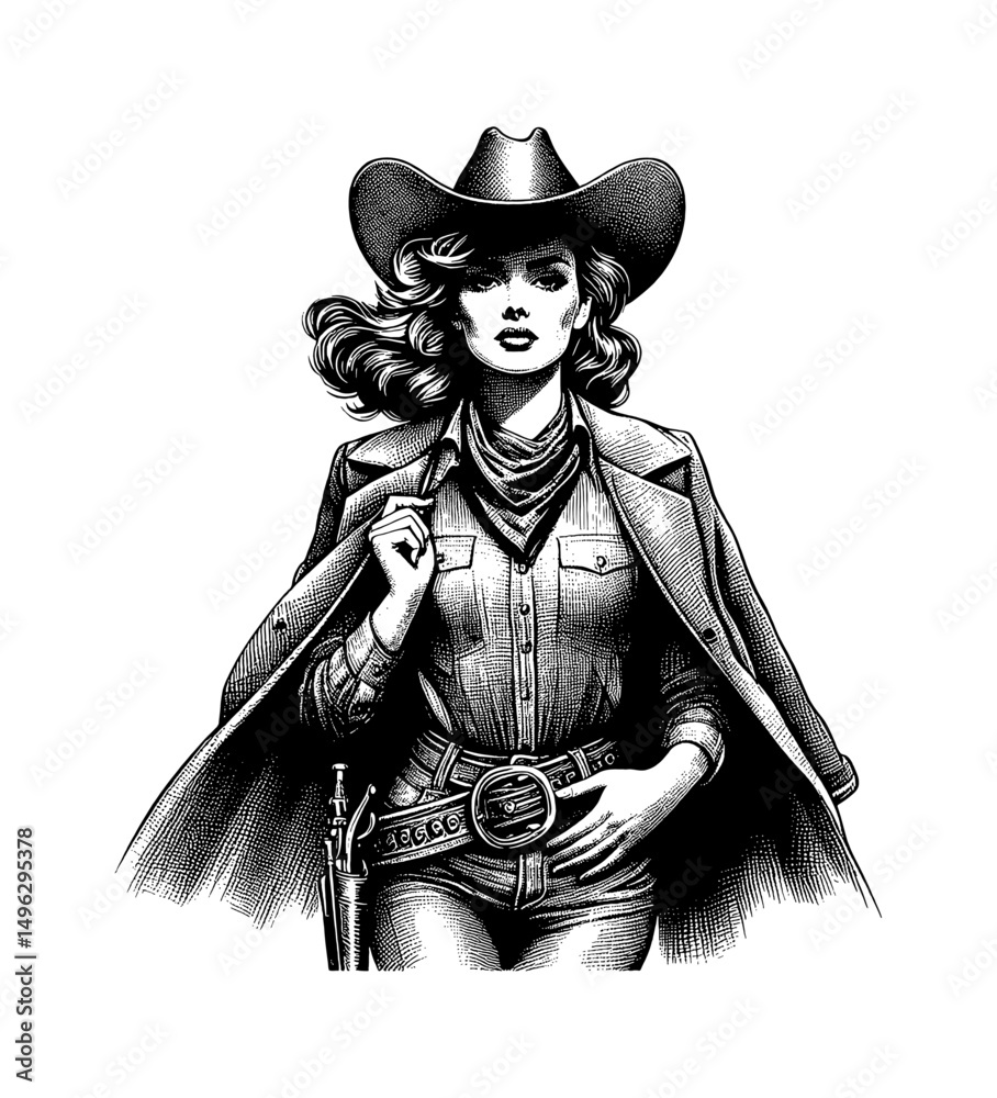 Obraz premium Confident Cowgirl with Hat and Coat Posing in Detailed Black and White Engraving Style