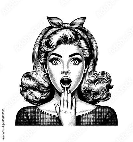 Surprised Woman with Open Mouth Holding Hand to Face in Black and White Engraving Style