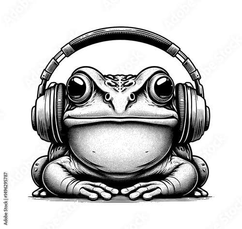 Frog Wearing Headphones Illustration in Black and White Detailed Line Art Style