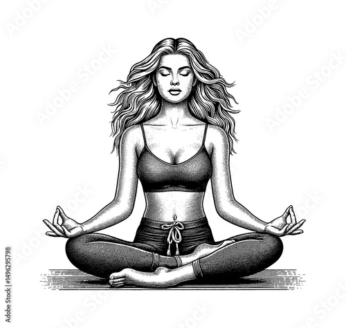 Woman in Yoga Pose with Eyes Closed Doing Meditation in Lotus Position Detailed Black and White Engraving