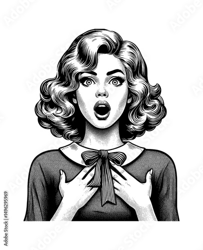 Surprised Woman with Open Mouth and Hands on Chest in Detailed Black and White Engraving
