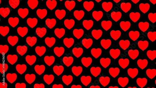 Rotating loop scene of repeating vivid red hearts pulsating between big , small sizes aligned on bright black background, forming a dynamic romantic pattern with playful pop-art flair. Concept of love