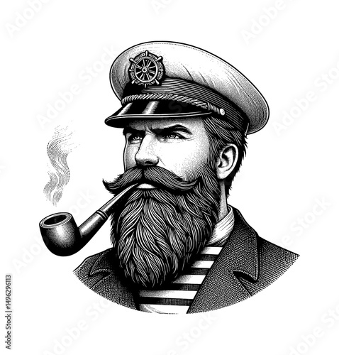 Bearded Captain in Uniform Smoking Pipe in Detailed Black and White Engraving Style