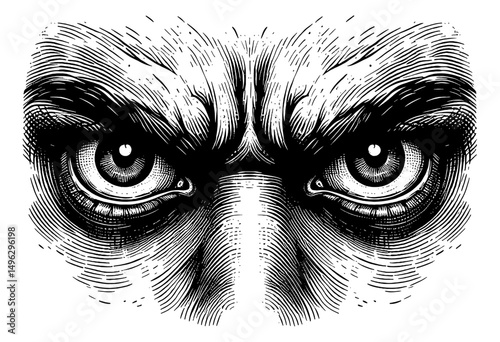Close Up View of Engraved Angry Animal Eyes Staring Intensely in Detailed Black and White Line Art