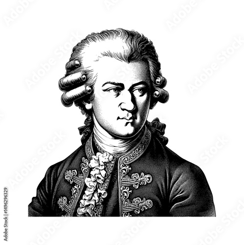 Portrait of Wolfgang Amadeus Mozart in Engraving Style, Classic Composer, Black and White Art