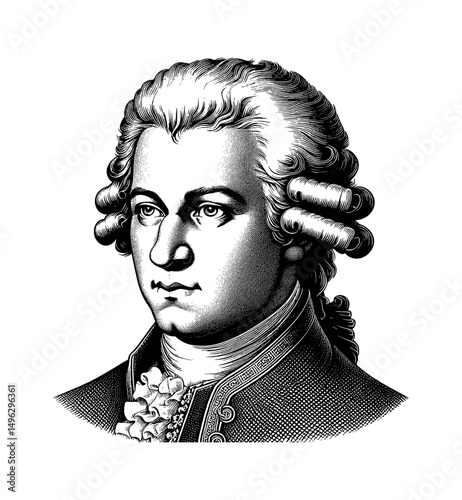Portrait of a distinguished man in black and white engraving art style with detailed hair