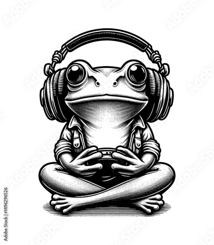 Frog wearing headphones in jacket sitting in lotus position art in black and white