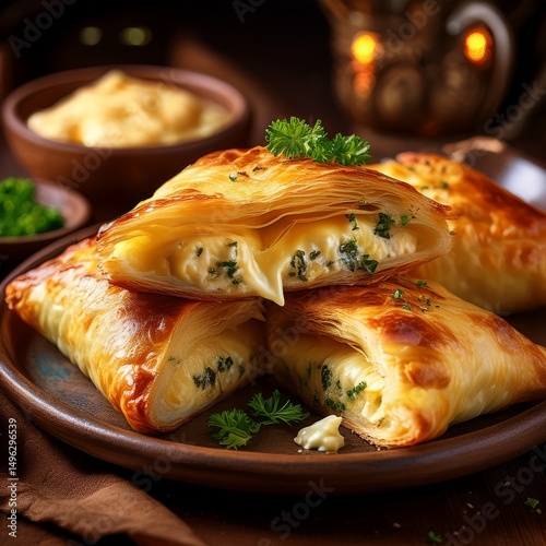 Moldawische Vorspeise mit Plăcintă cu brânză (Käsepastete) photo