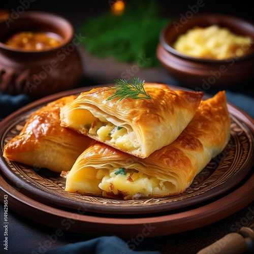 Moldawische Vorspeise mit Plăcintă cu brânză (Käsepastete) photo