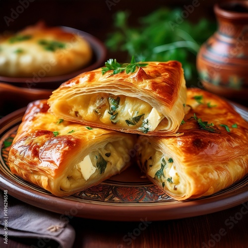 Moldawische Vorspeise mit Plăcintă cu brânză (Käsepastete) photo