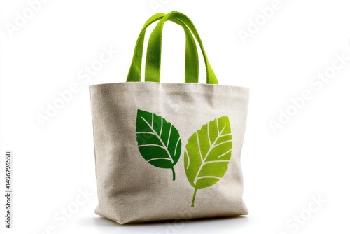 Beige canvas tote bag with green leaf design. photo