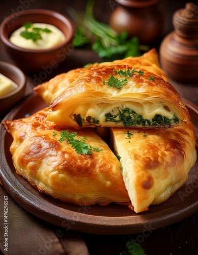 Moldawische Vorspeise mit Plăcintă cu brânză (Käsepastete) photo