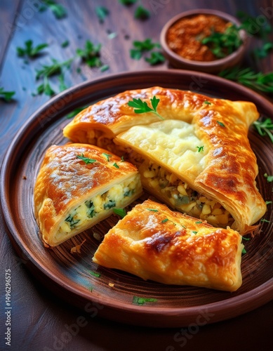 Moldawische Vorspeise mit Plăcintă cu brânză (Käsepastete) photo