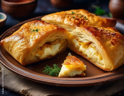 Moldawische Vorspeise mit Plăcintă cu brânză (Käsepastete) photo