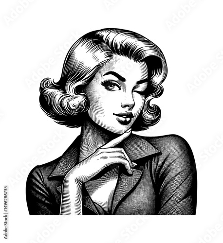 Retro Woman Winking with Finger on Chin in Black and White Engraved Vintage Illustration
