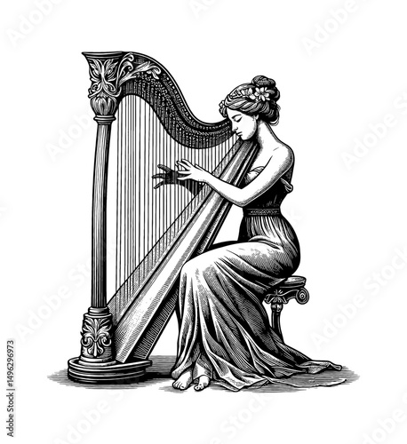 Woman playing harp with graceful pose in detailed black and white engraving style drawing