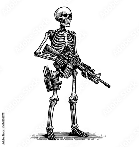 Skeleton Standing Holding a Rifle with a Holster on its Thigh in Detailed Black and White Line Art