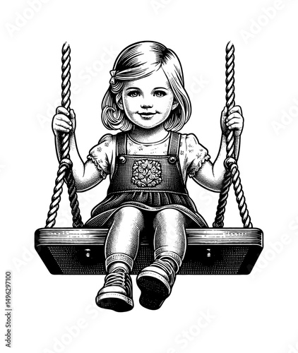 Cute Little Girl Sitting on a Swing with Happy Expression in Detailed Black and White Line Art