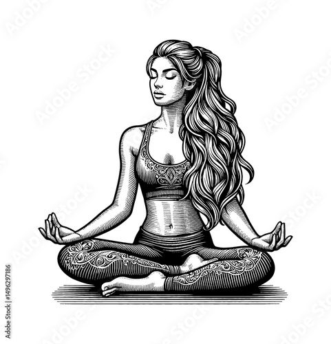 Young Woman Meditating in Lotus Position with Serene Expression Detailed Engraving Illustration